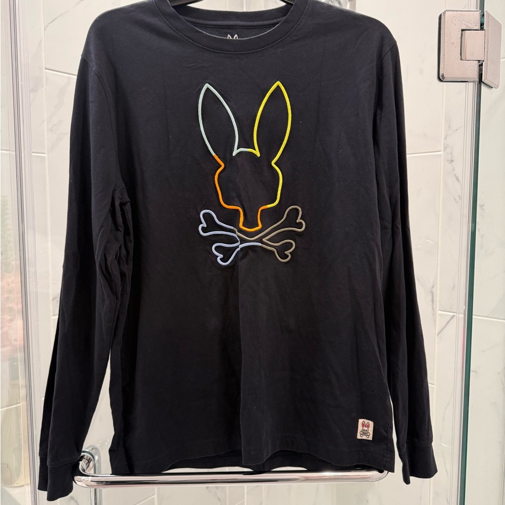Psycho Bunny Black Long Sleeve Tee with Multicolor Logo S